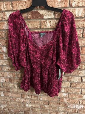 Terra & Sky Women’s 2XFuchsia Floral Peasant Top